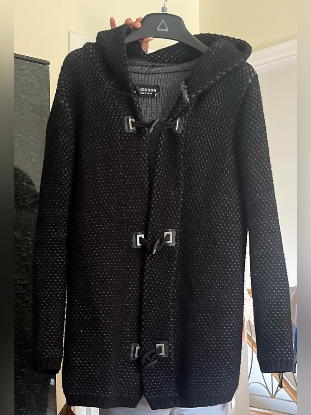 Black Wool Blend Hooded Toggle Knit Pea Coat